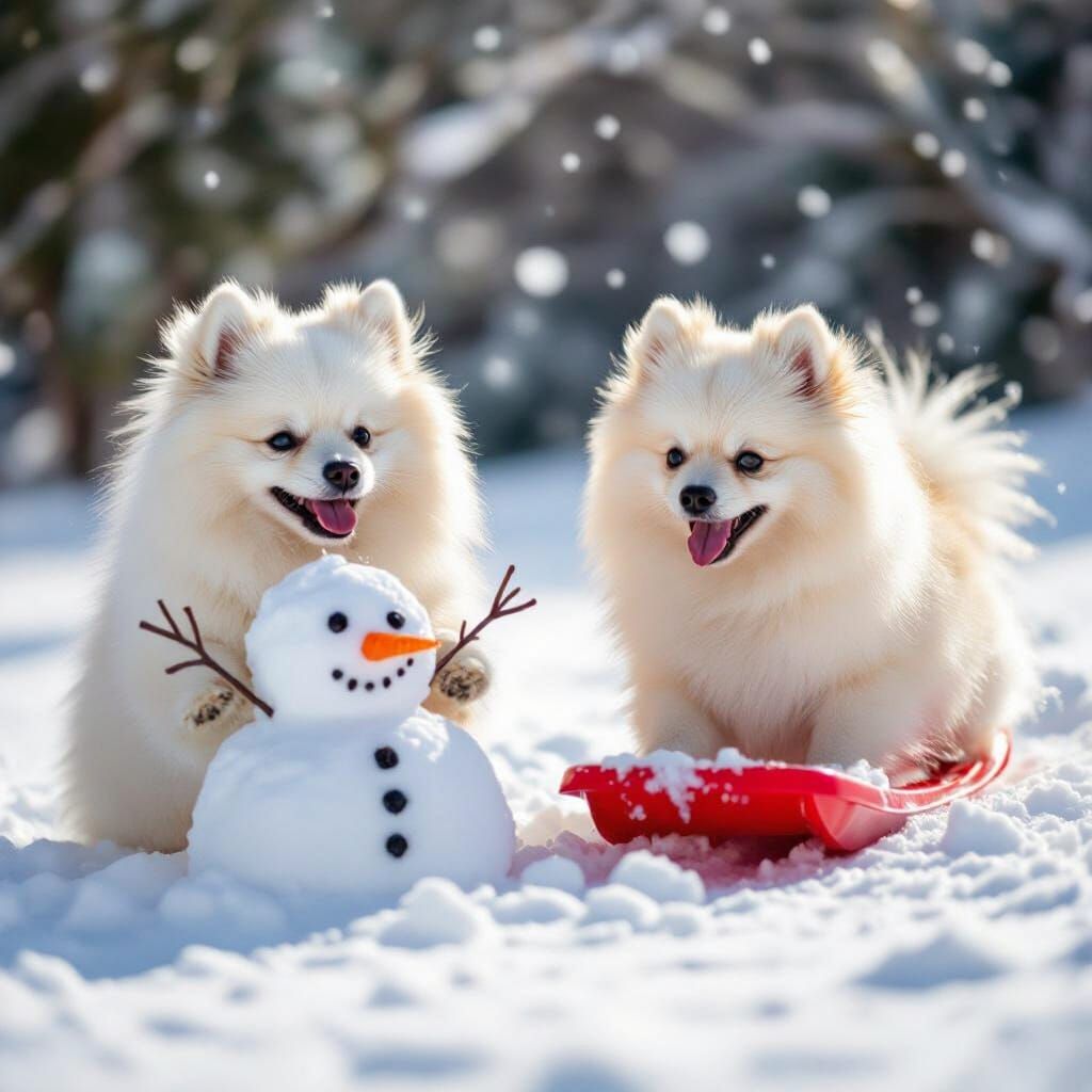 Pomeranians Build Snowman and Sled in Winter Wonderland