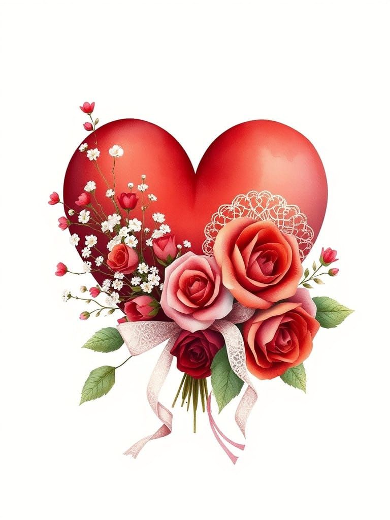 Vintage Valentine's Day Watercolor Heart with Intricate Lace...