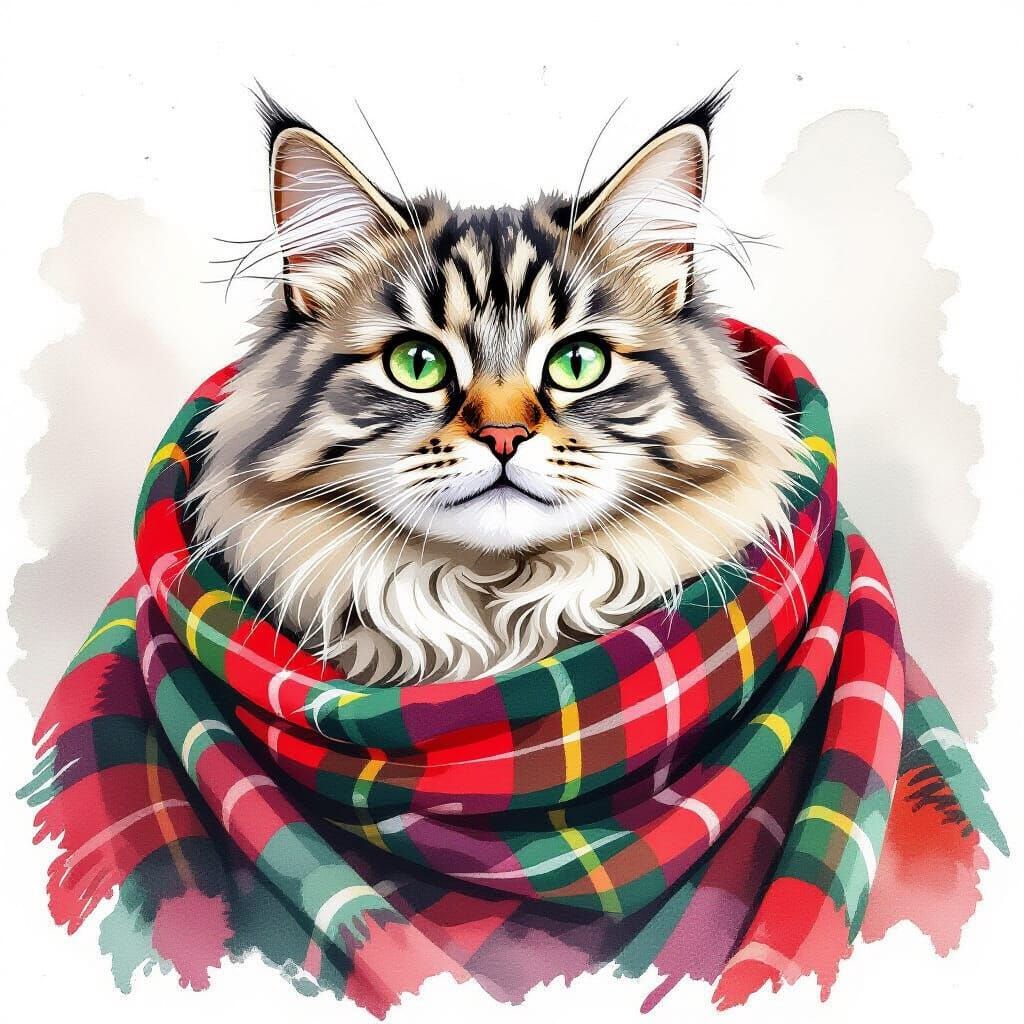 Watercolor British Fold Cat in Plaid Scarf