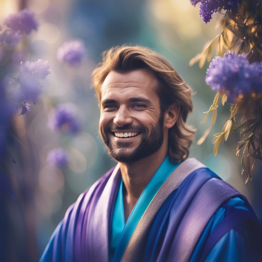 Macro Portrait of Smiling Man in Blue Robes