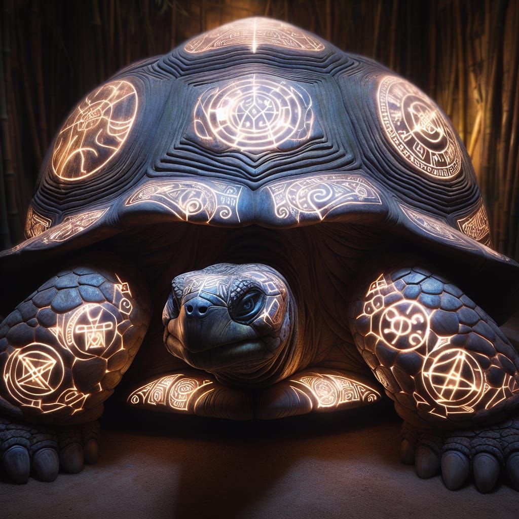 Enchanted Tortoise with Luminous Ancient Symbols