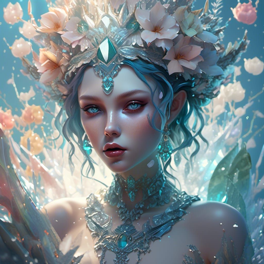 Ocean Goddess with Smoky Flowers, Hyperrealistic Splash Art