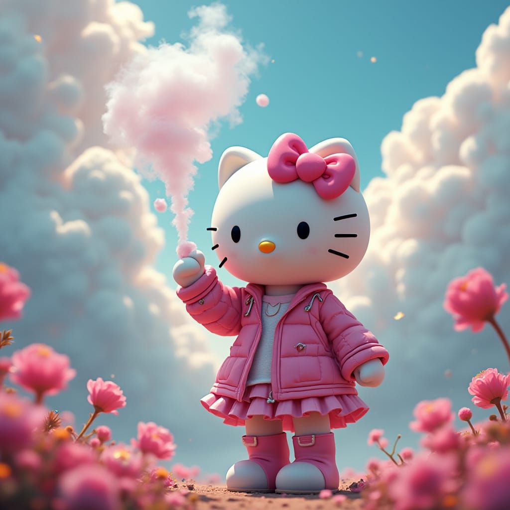 Hello Kitty Vaporwave in Detailed Matte Painting Style