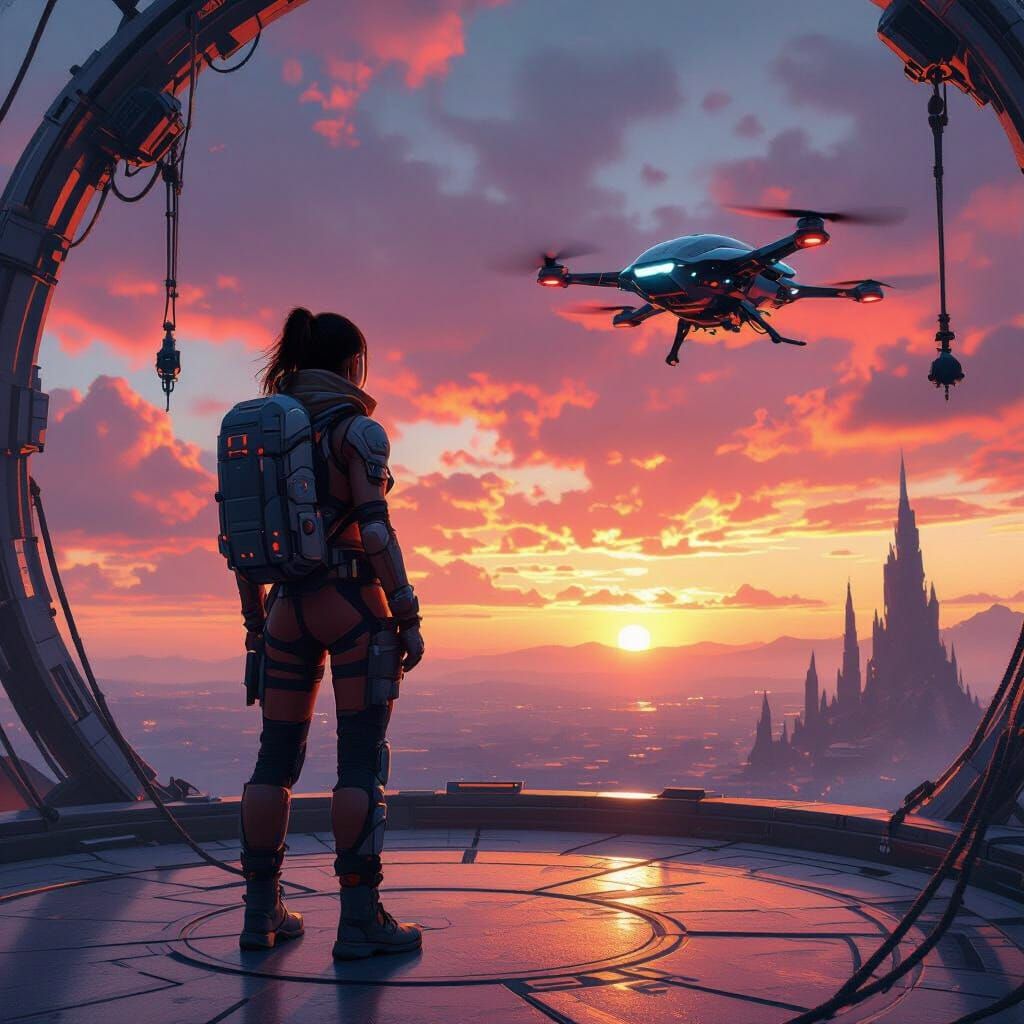 Rooftop Showdown: Explorer vs Drone in Cyberpunk Style