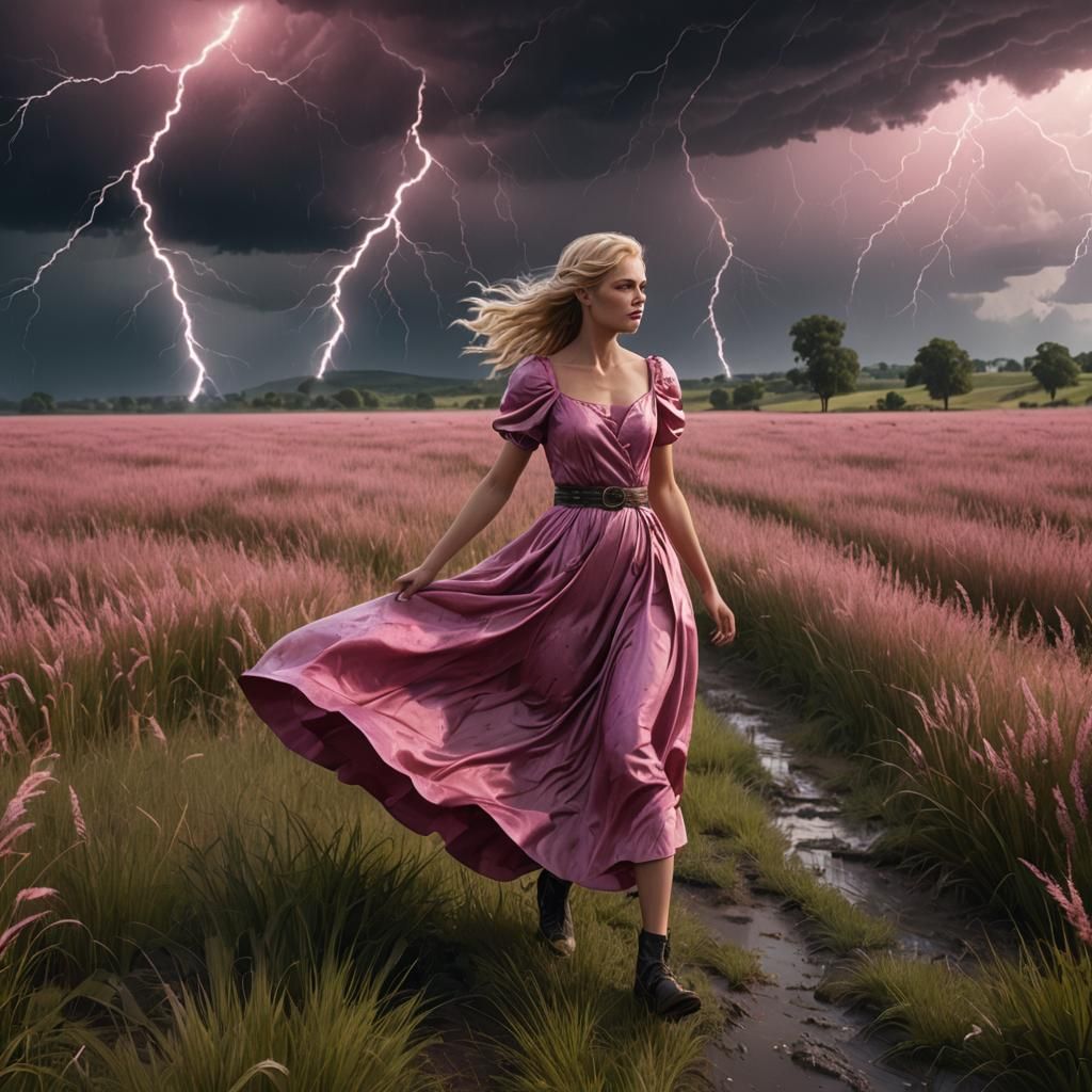 Girl in Field with Thunderstorm, Detailed Digital Painting
