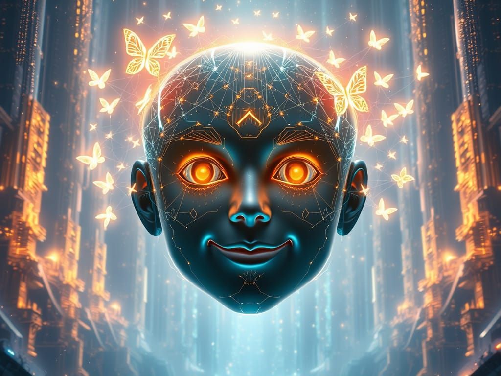 Luminous AI Face in Ethereal Digital Landscape