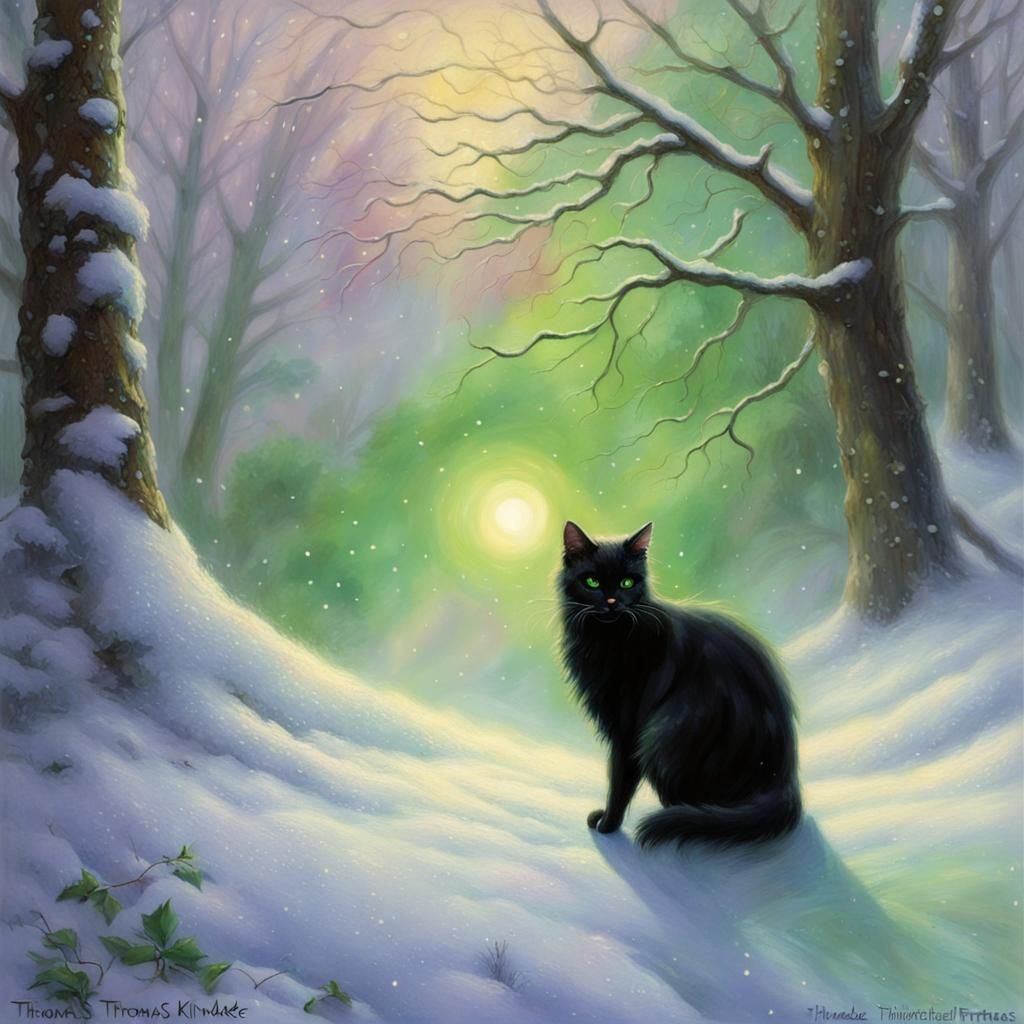 Black Cat in Snowy Fantasy Landscape