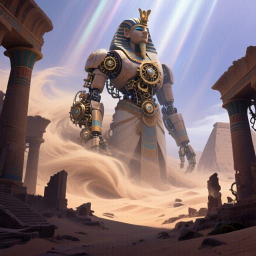 Colossal Clockwork Deity in Ancient Desert Ruins