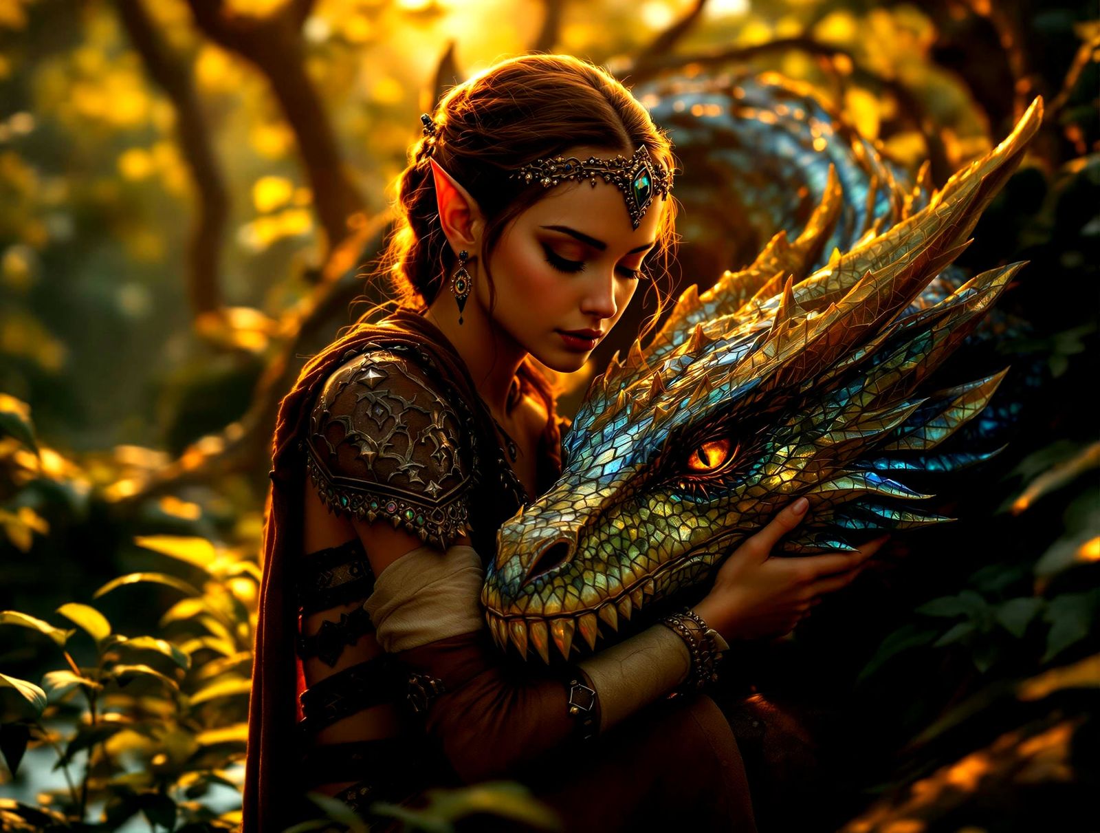 Magical Forest Scene with a Young Elf and Dragon