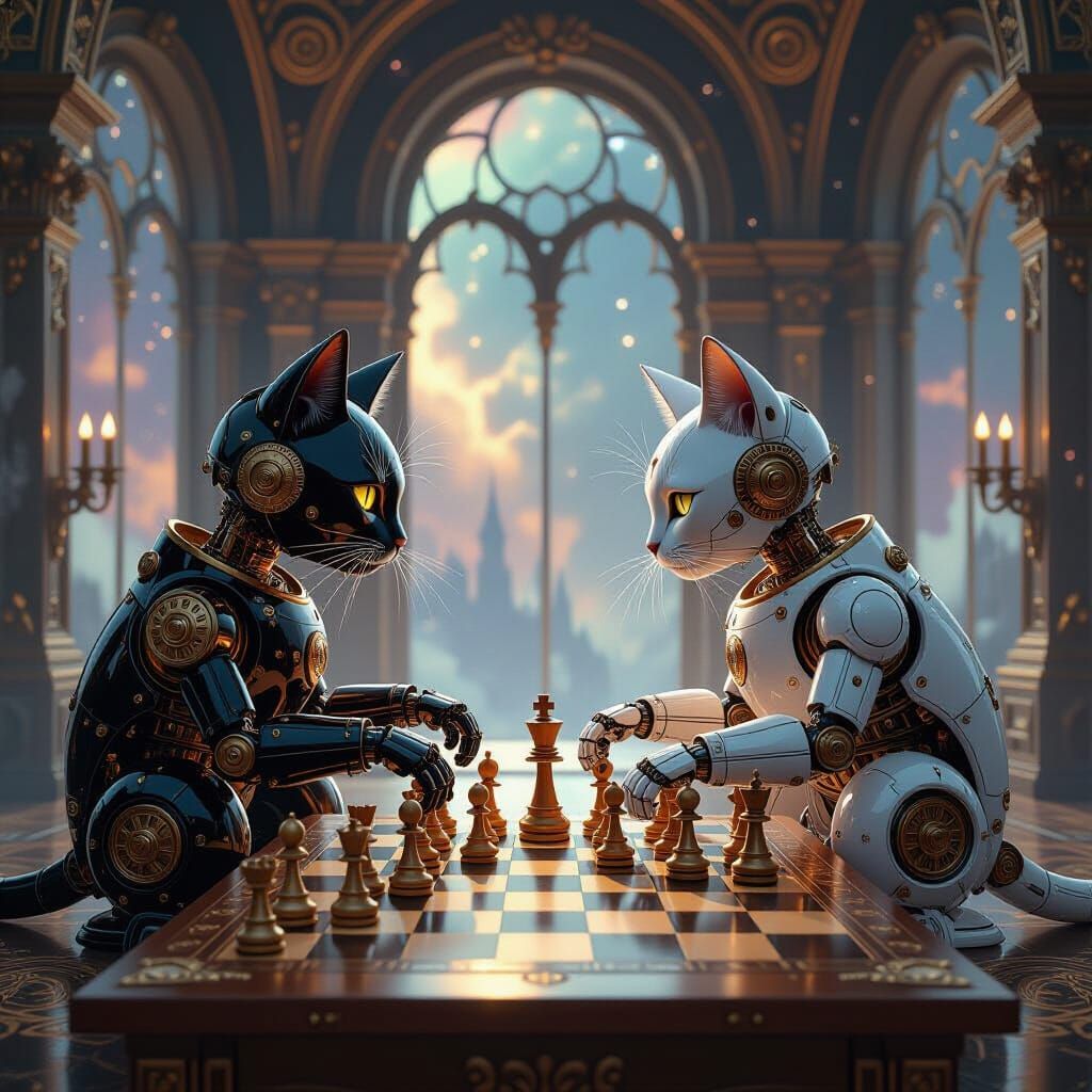 Steampunk Robot Cats Play Chess in Cosmic Castle