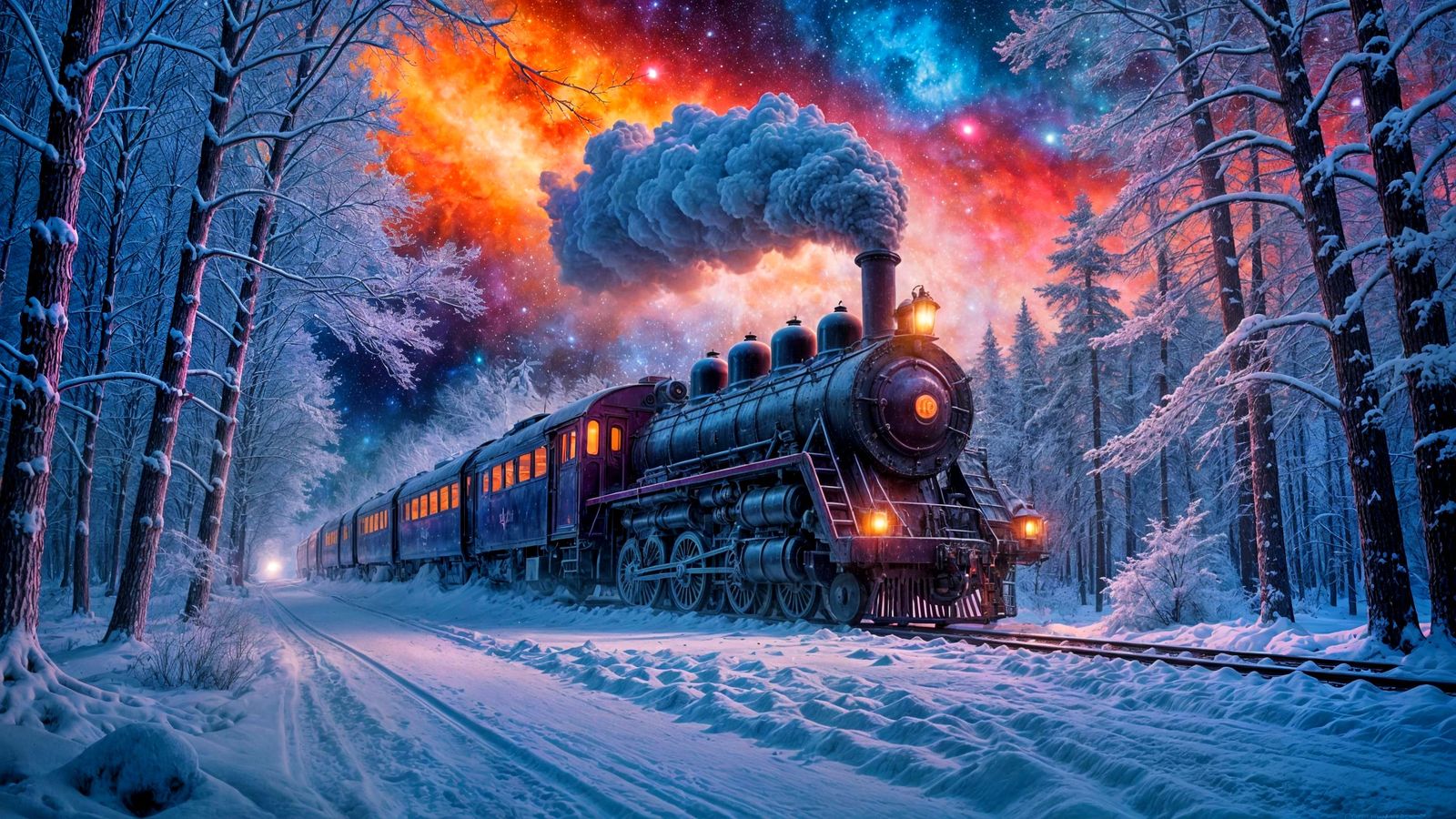 Enchanted Train in Frozen Forest Under Cosmic Night Sky
