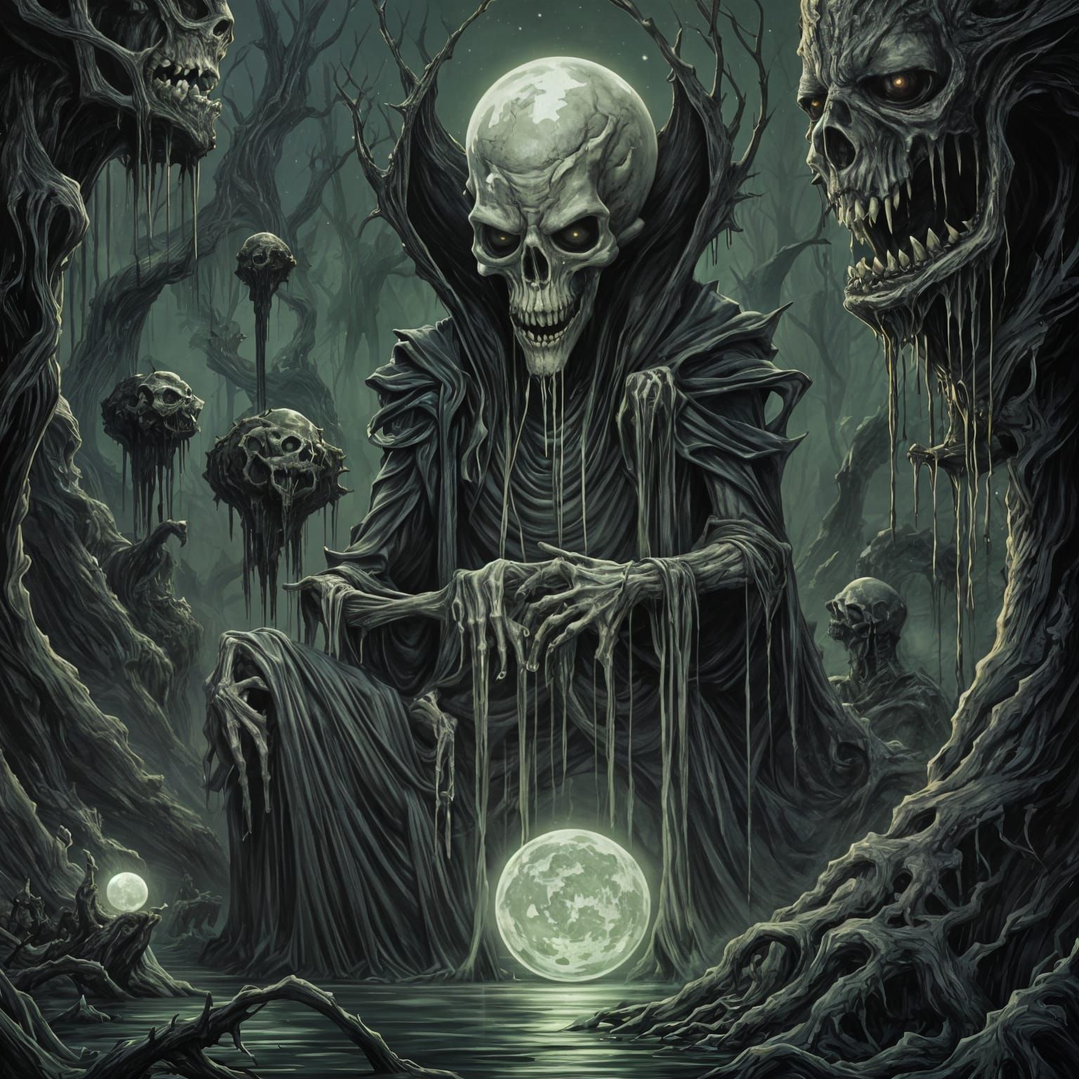 Nightmarish Alien with Glowing Orb on Bone Throne