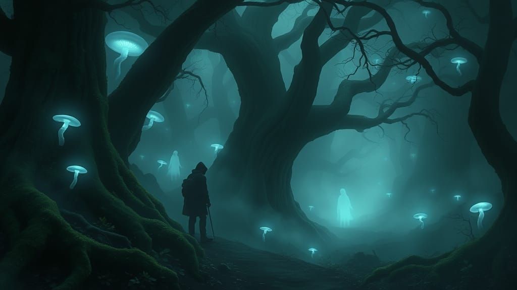 Mystical Forest Journey: Traveler in Ethereal Mist