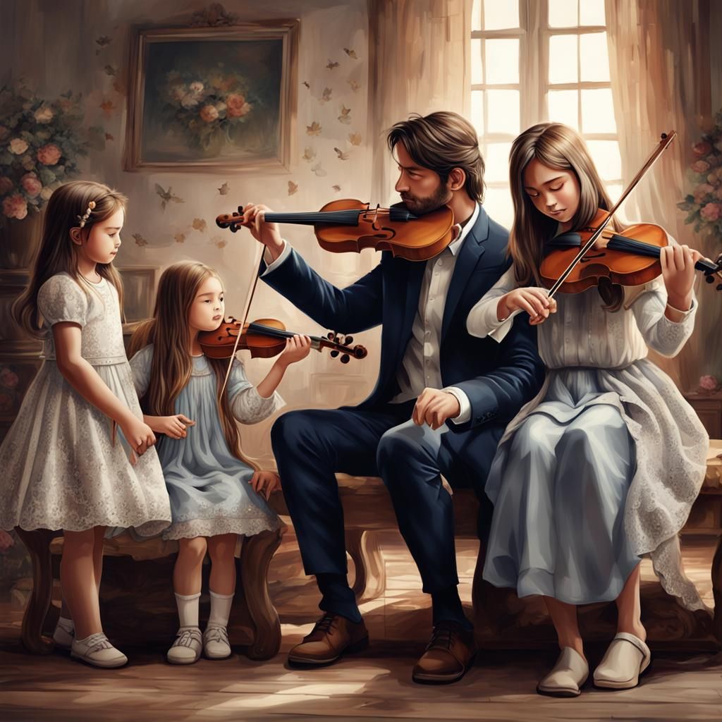 Happy Family: Violin Serenade in Hyperrealistic Detail