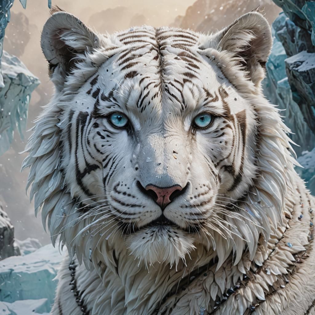 Ancient White Snow Tiger in Glacier, Fantasy Art