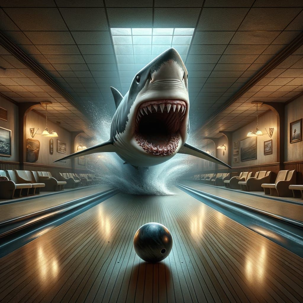 Create a digital painting of a dimly lit, classic bowling alley. At the far end of a polished wooden lane, a large great...