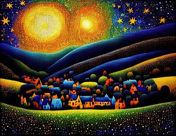 Dreamlike Village Under Starry Night Sky as Pointillism