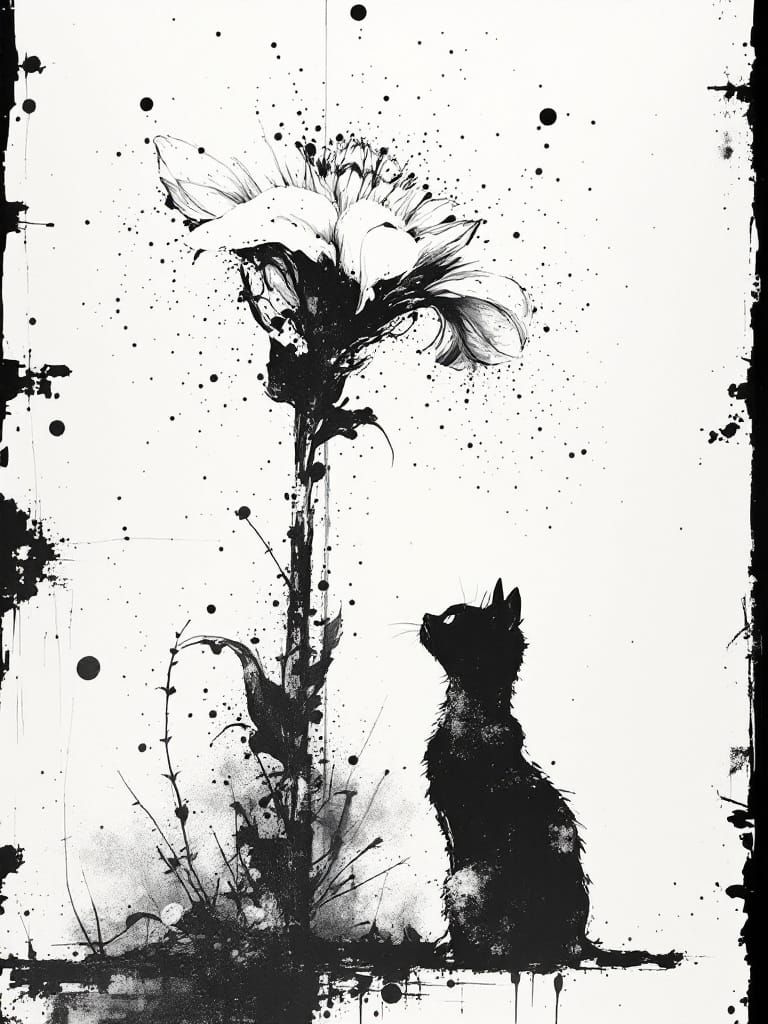 Black Cat Amidst Blooming Ink Flowers