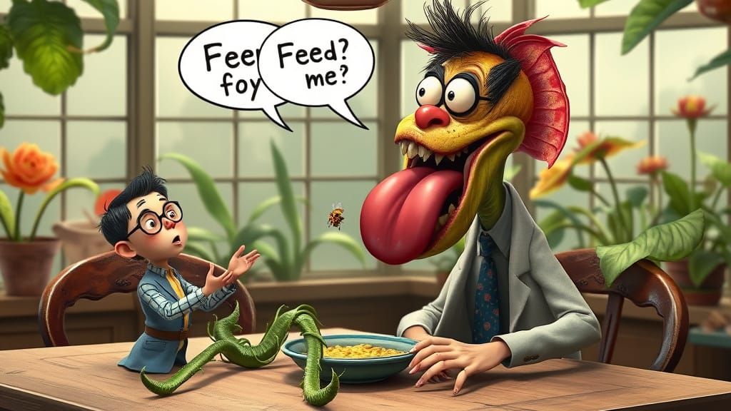 Carnivorous Plant Catching Fly in Whimsical Kitchen Scene