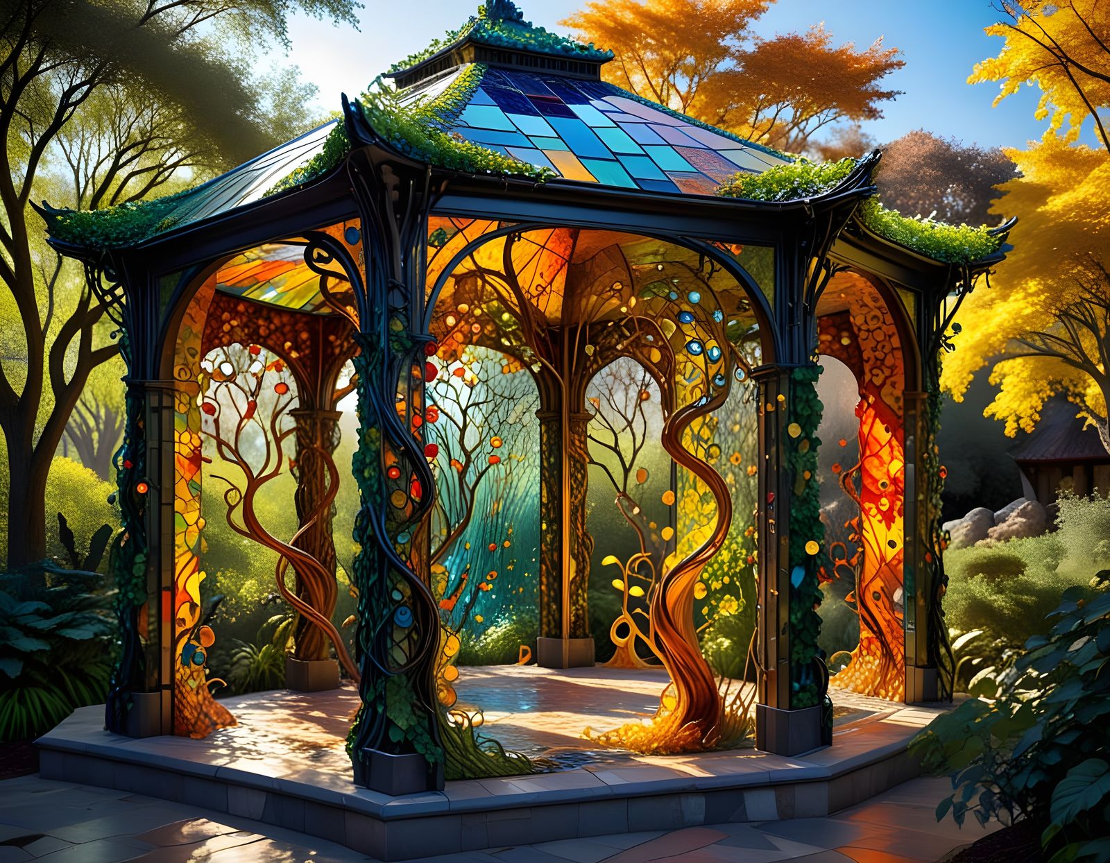 Vine Canopy Sculpture Amidst Metal Trees in a Mosaic Pavilio...