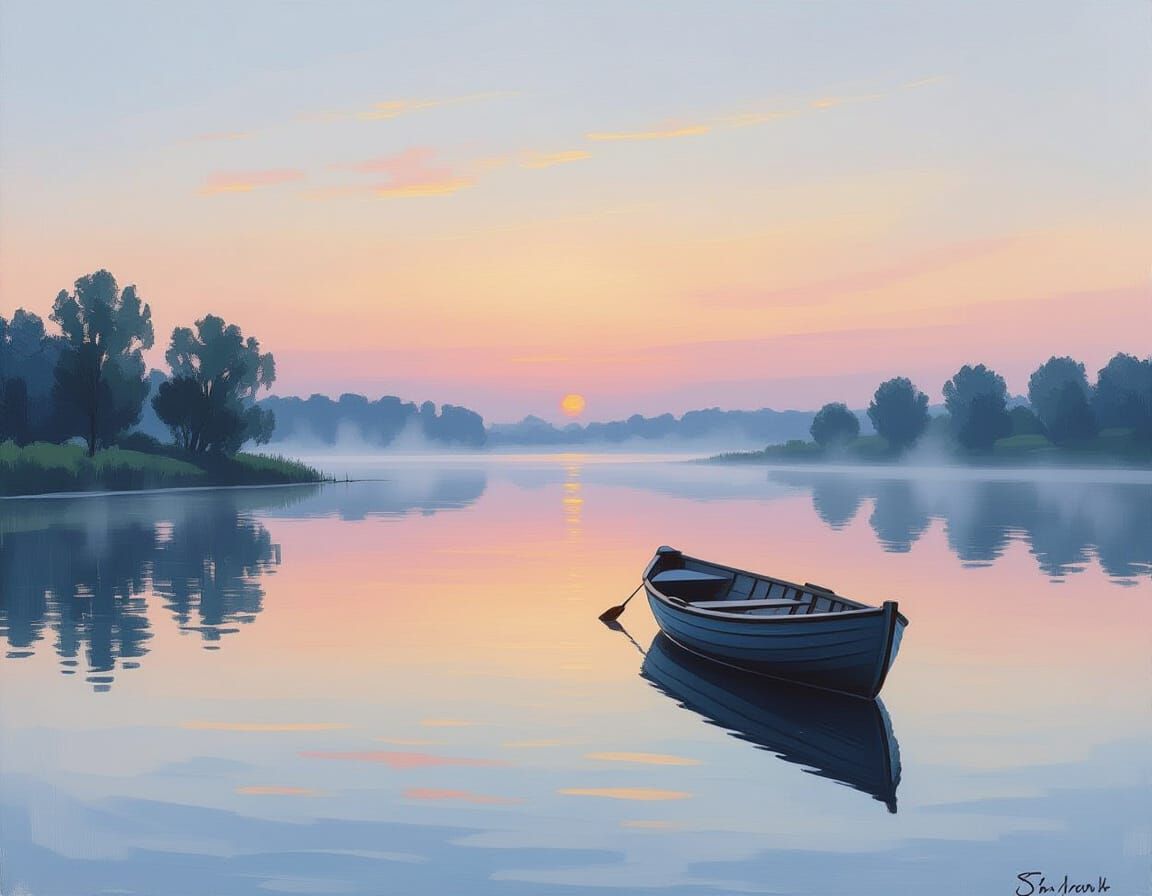Calm Lake Reflection at Dawn in Impressionist Style