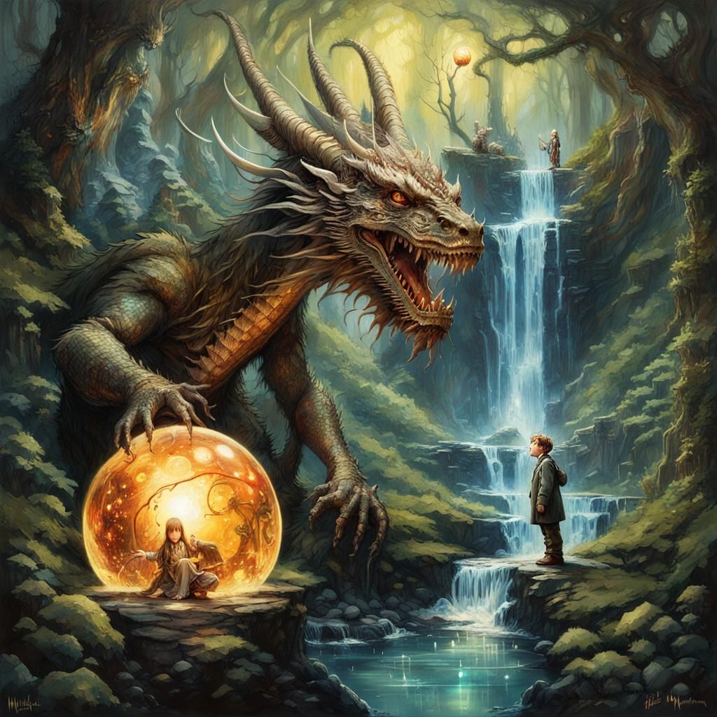 Magician, Dragon, and Orb in Dark Fantasy Style