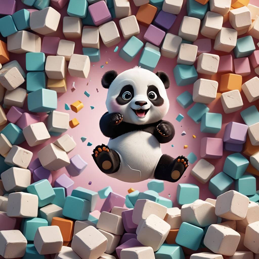 Baby Panda Tumbling on Blocks: Pixar-Style 3D Art