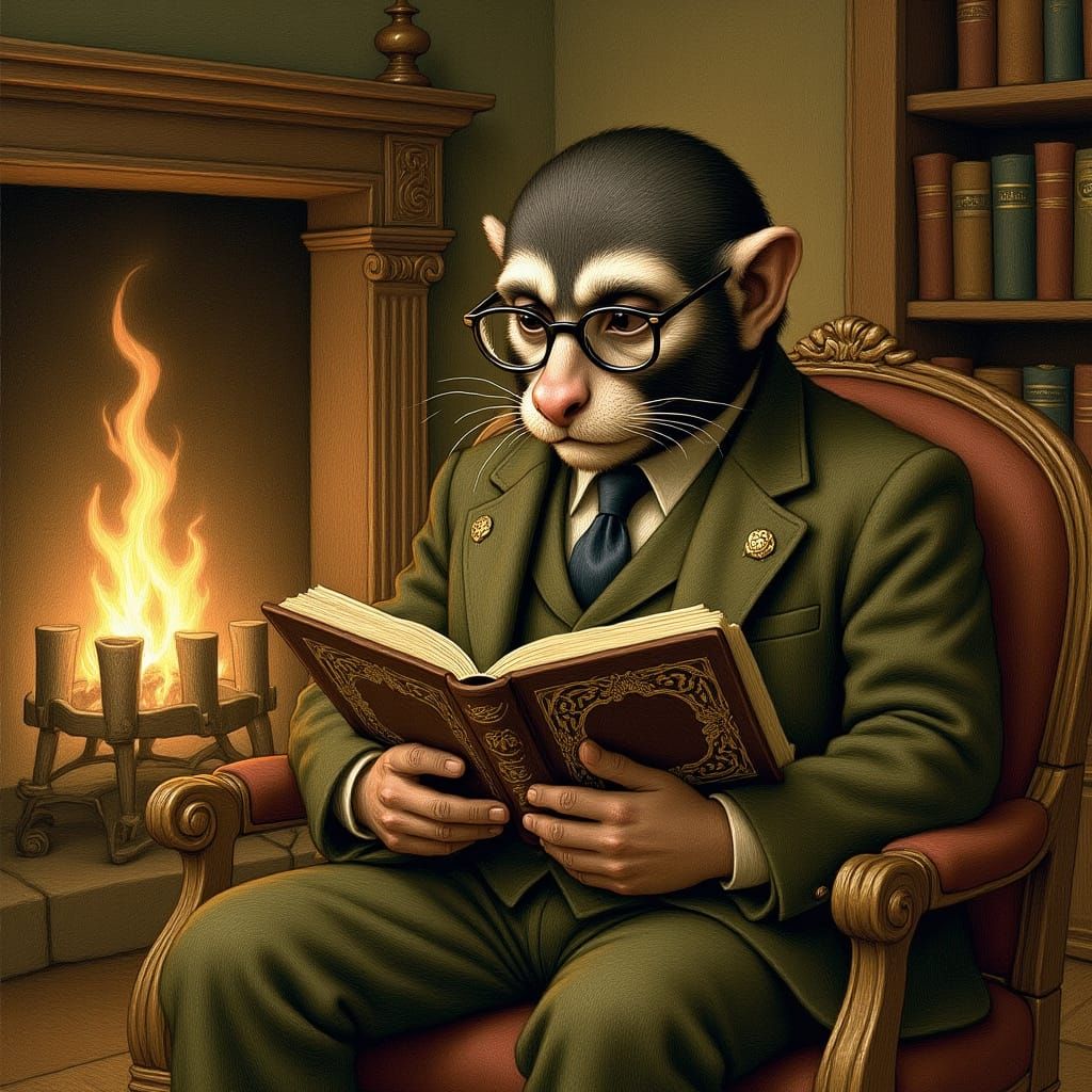 Gibbon Gentleman Reads by Fireplace, Storybook Illustration