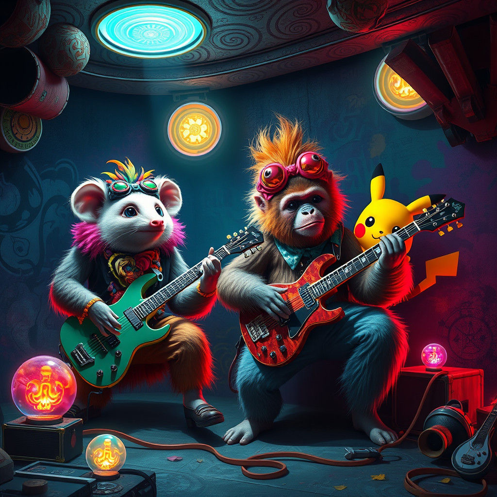 Possum and Orangutan Rockstars Jam in Psychedelic Basement