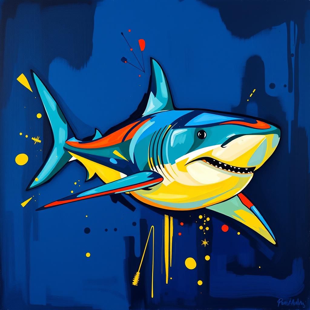 Cubist Great White Shark Against Dark Blue