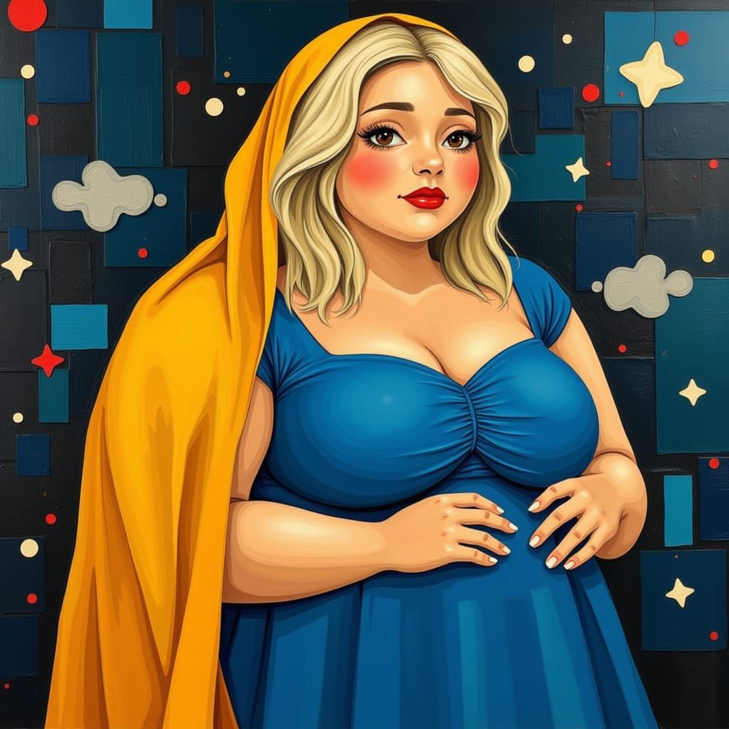 Muted Colors Frame a Plump Blonde Woman in Elegant Blue Dres...