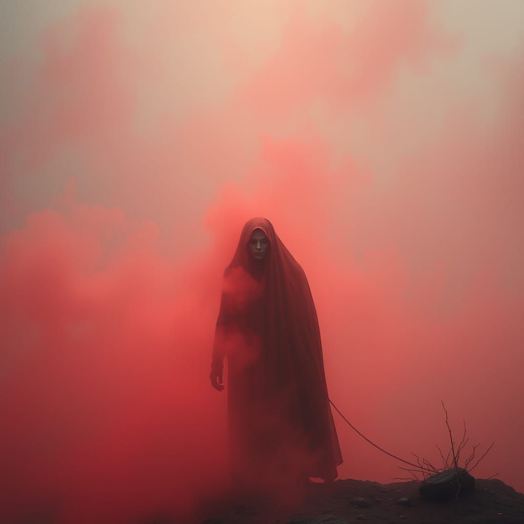 Mystical Figure in Rubiginous Dystopian Dreamscape