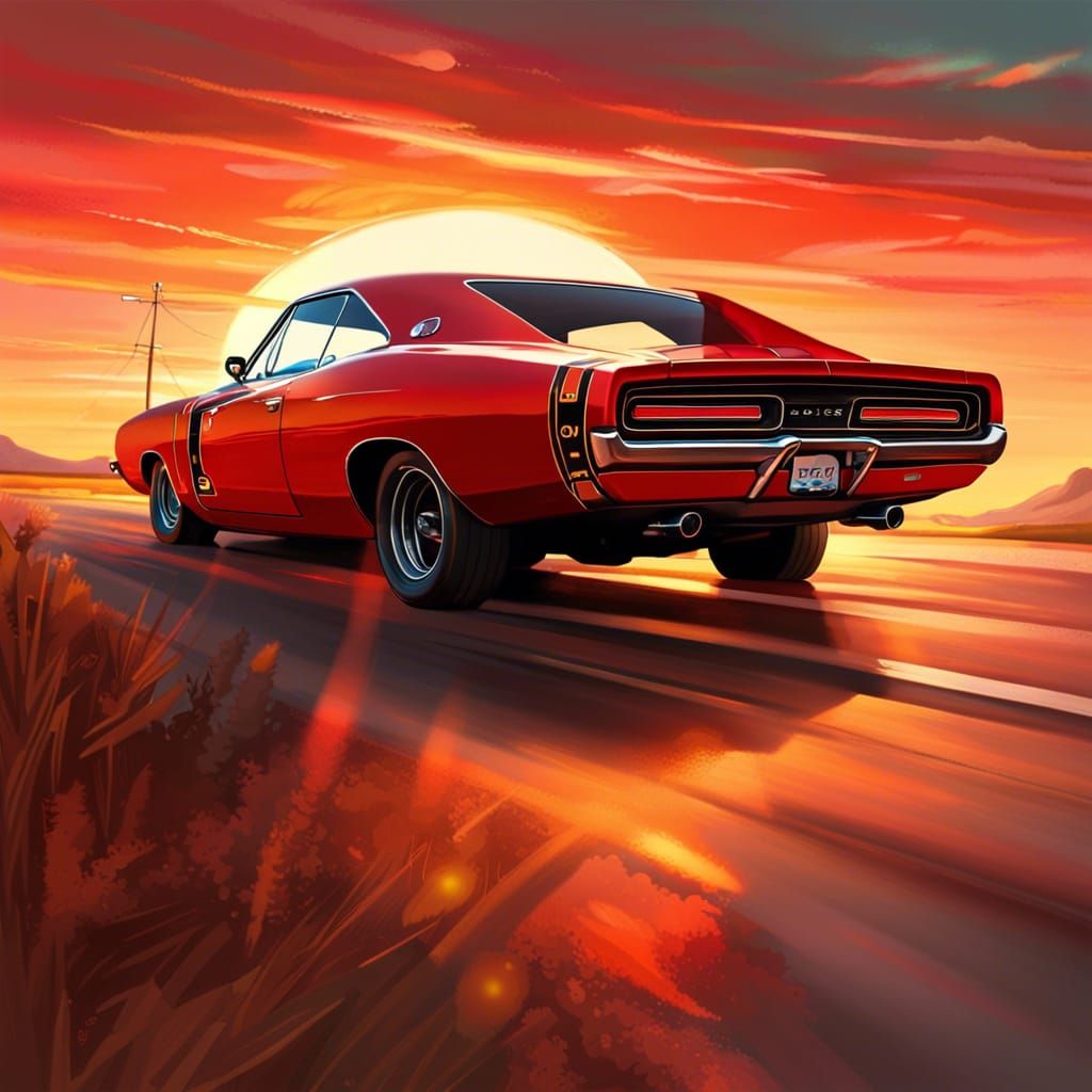 Red 1969 Dodge Charger at Sunset: Hyperrealistic Splash Art