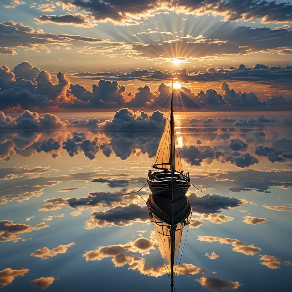Surreal Sunset: Mirrored Lake and Sailboat