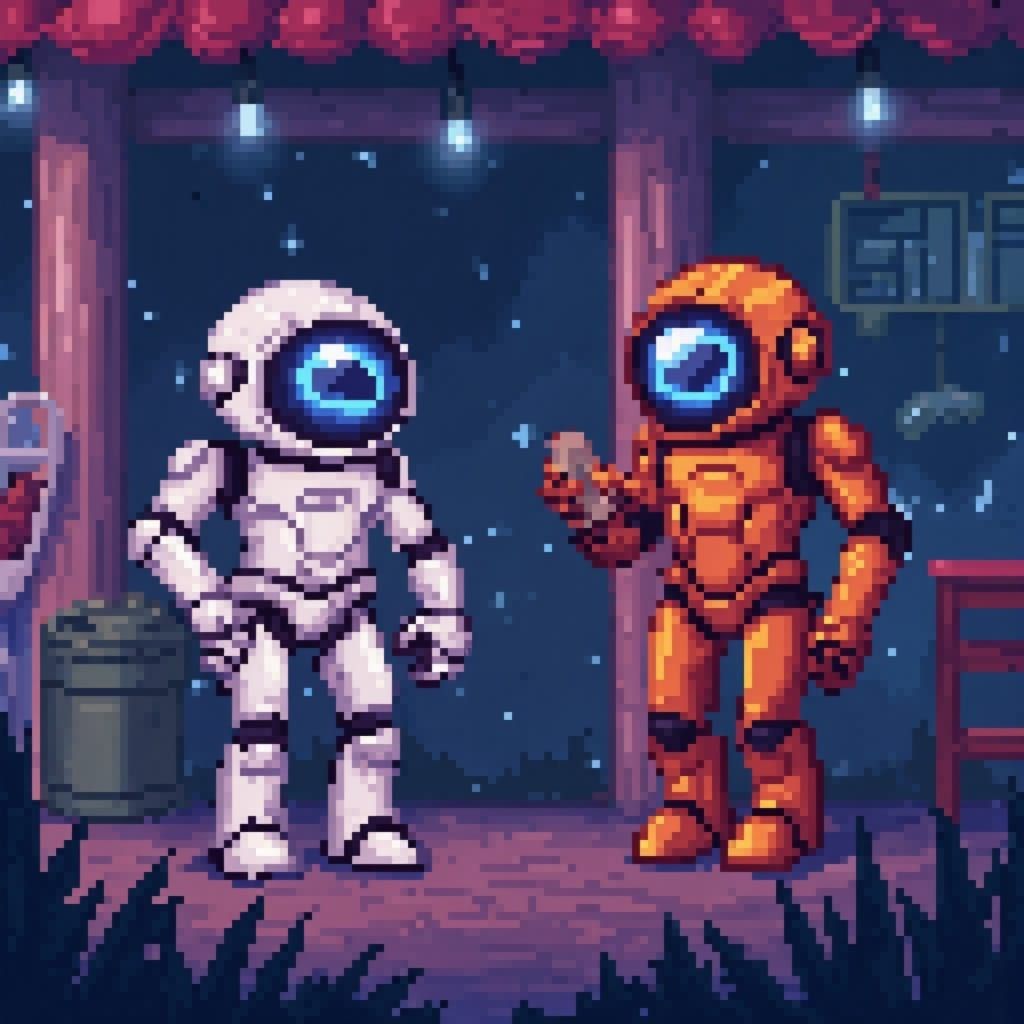 Cosmic Cafe Scene in Pixel Art Style
