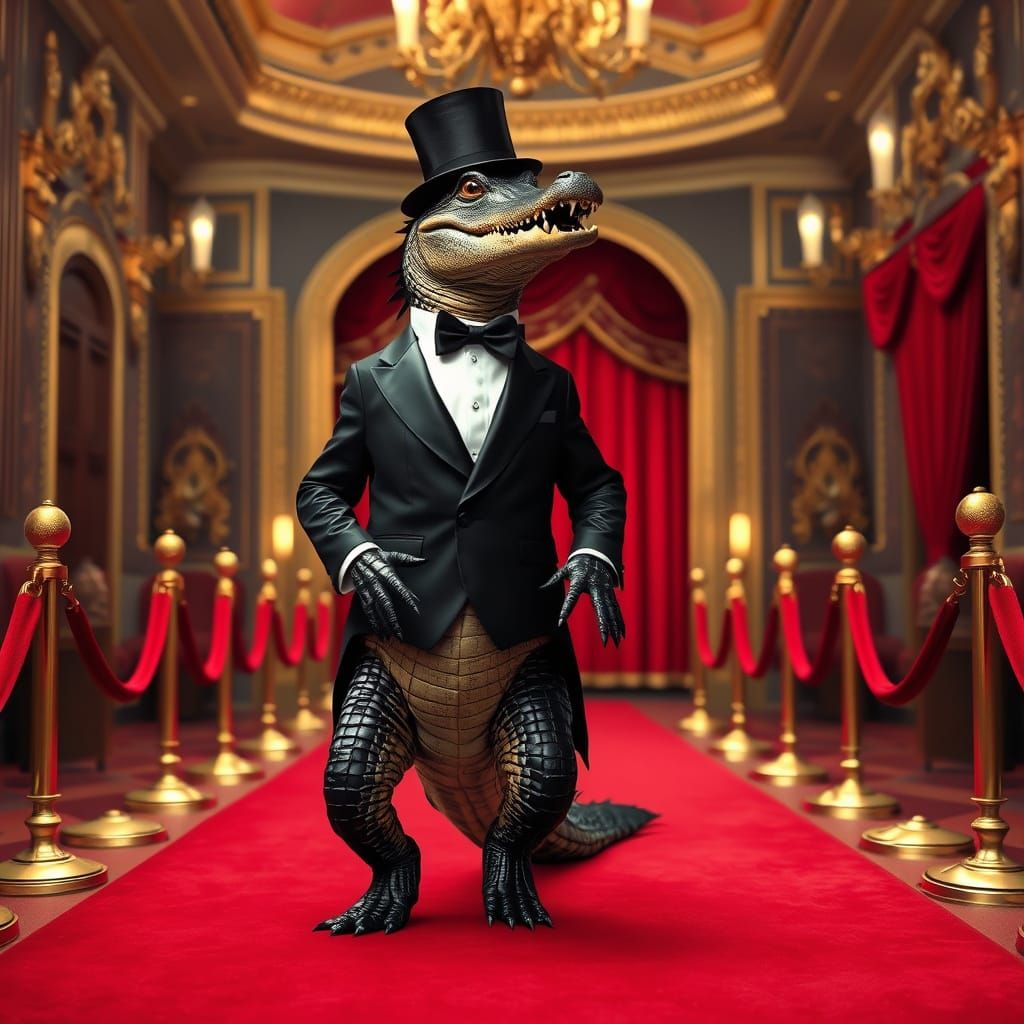Elegant Alligator Struts Down Red Carpet in Vintage Movie Th...