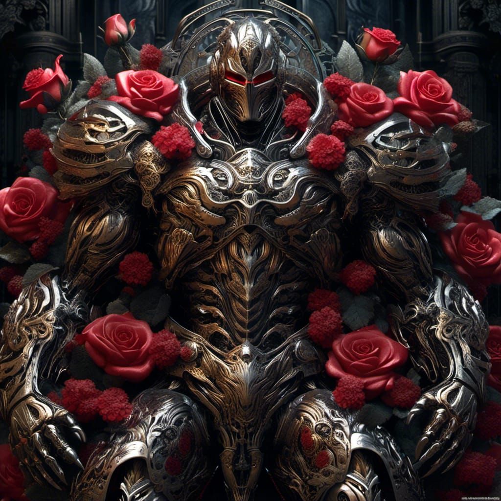 Hypermuscular Metal-Flower-Man with Iron-Rose in Heavy-Metal...