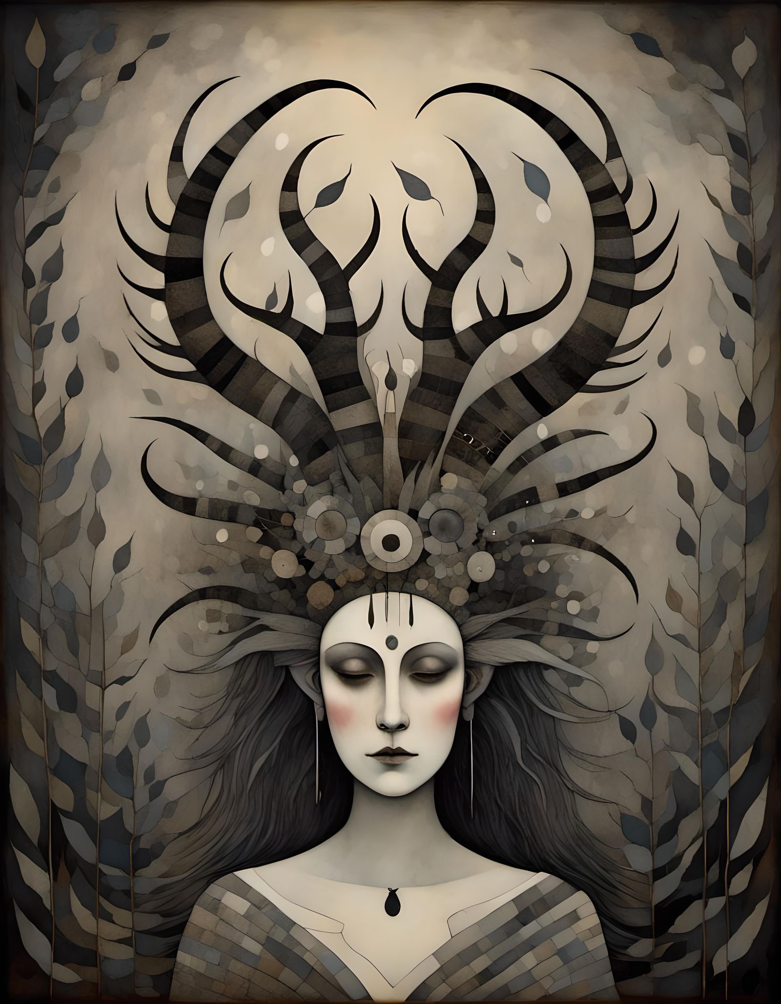 Gothic Shaman Woman with Horns in Black and White
