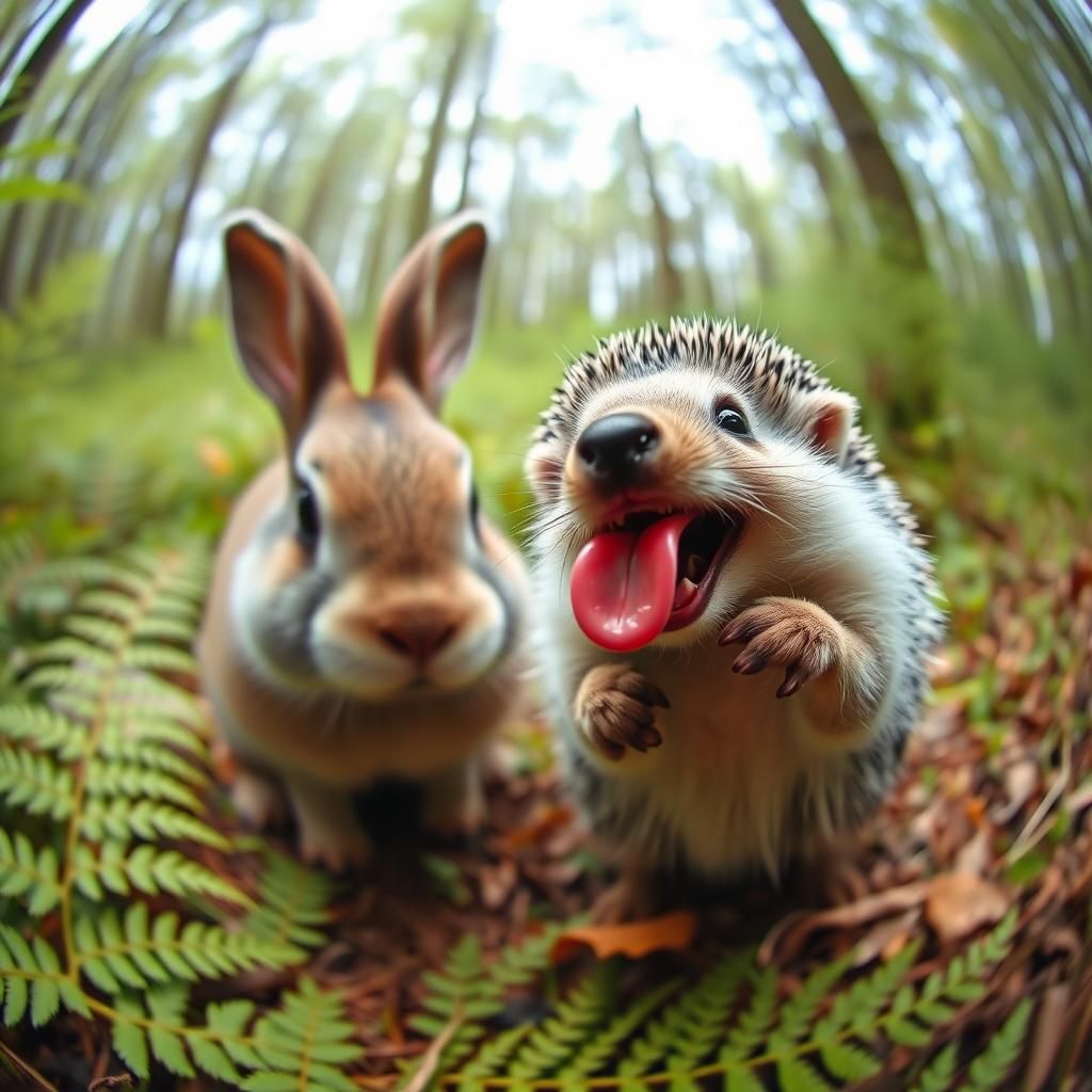Funny Hedgehog Photobombing a Crying Rabbit