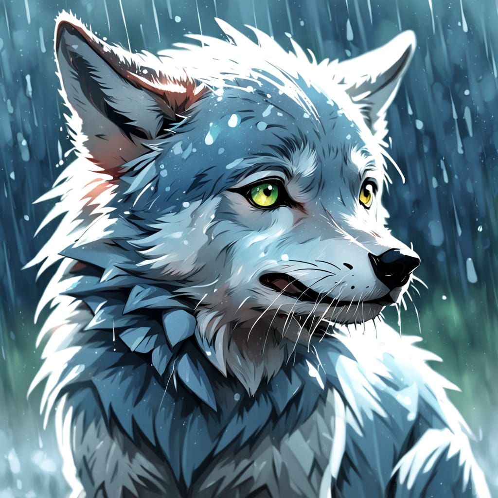 Anime-Style Wolf Cries in Whimsical Rainy Scene