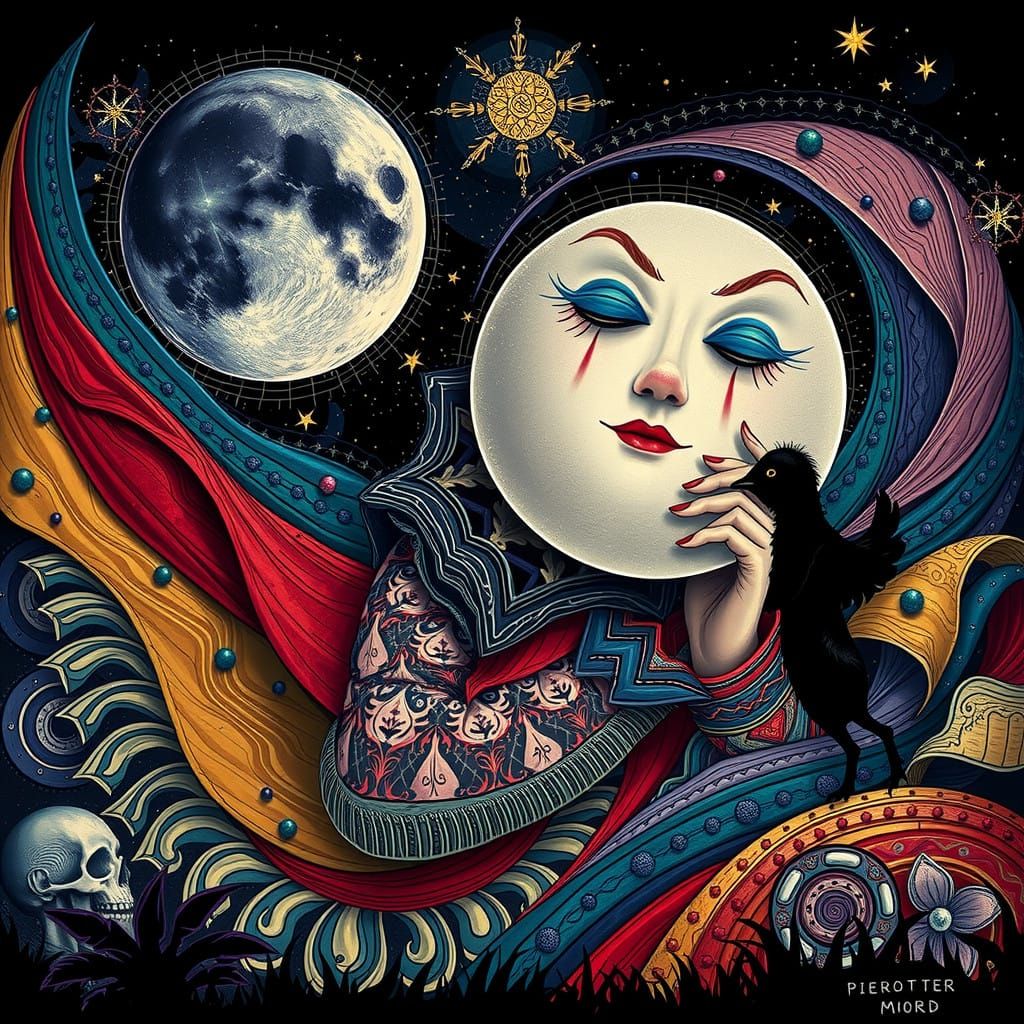 Gray Moonlit Clown, Felt and Fabric Art