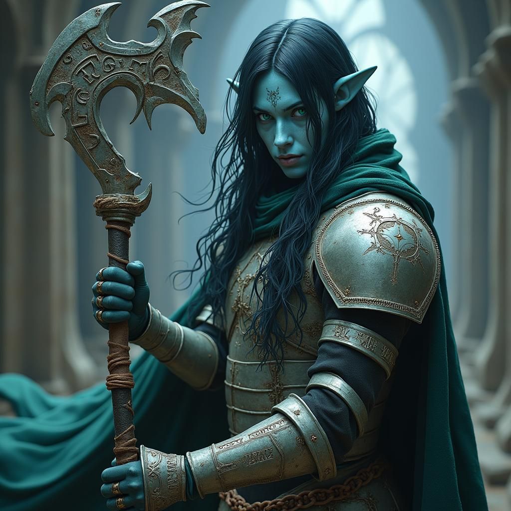 Dark Elf Cleric in Ornate Chainmail Armor