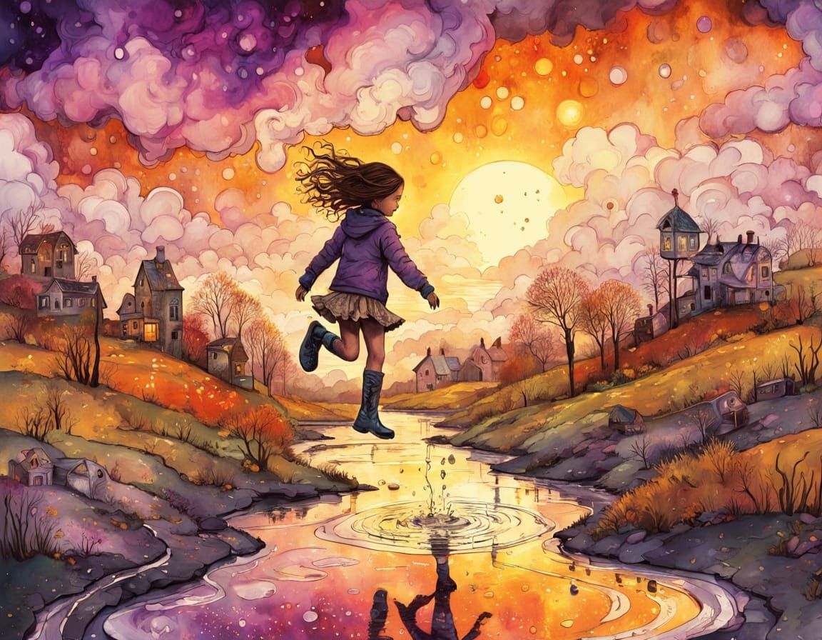 Child's Joy: Rainy City Puddle in Expressionist Style