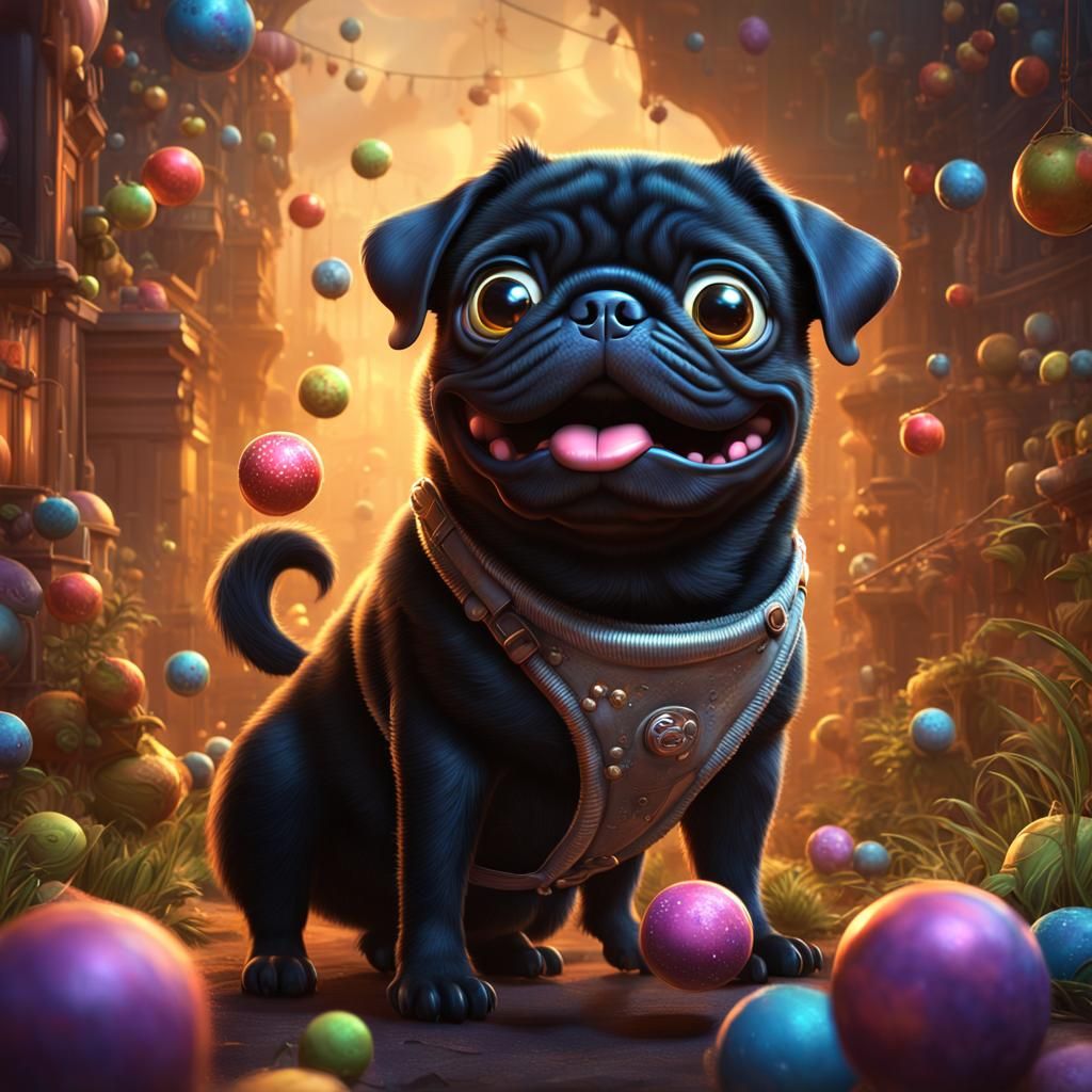 Vibrant Black Pug in Whimsical 3D Cartoon Art