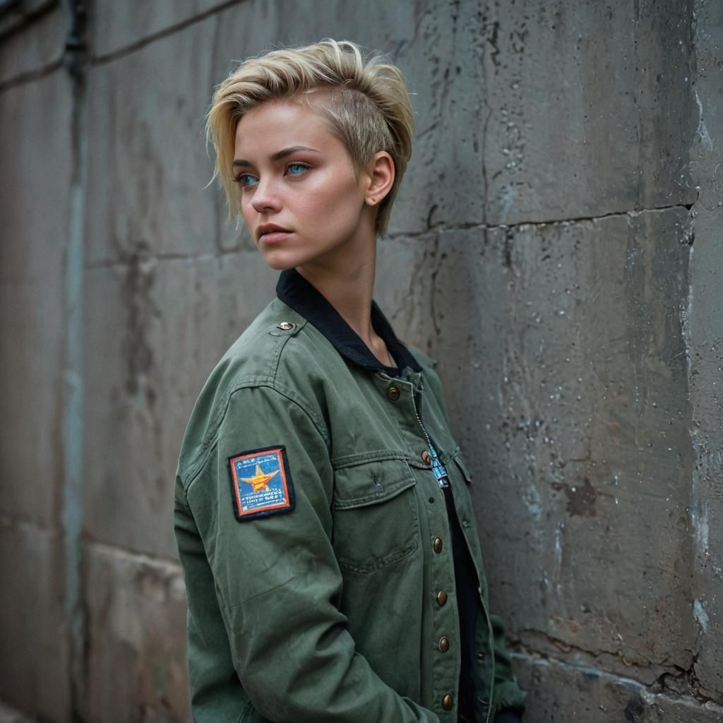 Woman with Faux Hawk in Neon Cityscape