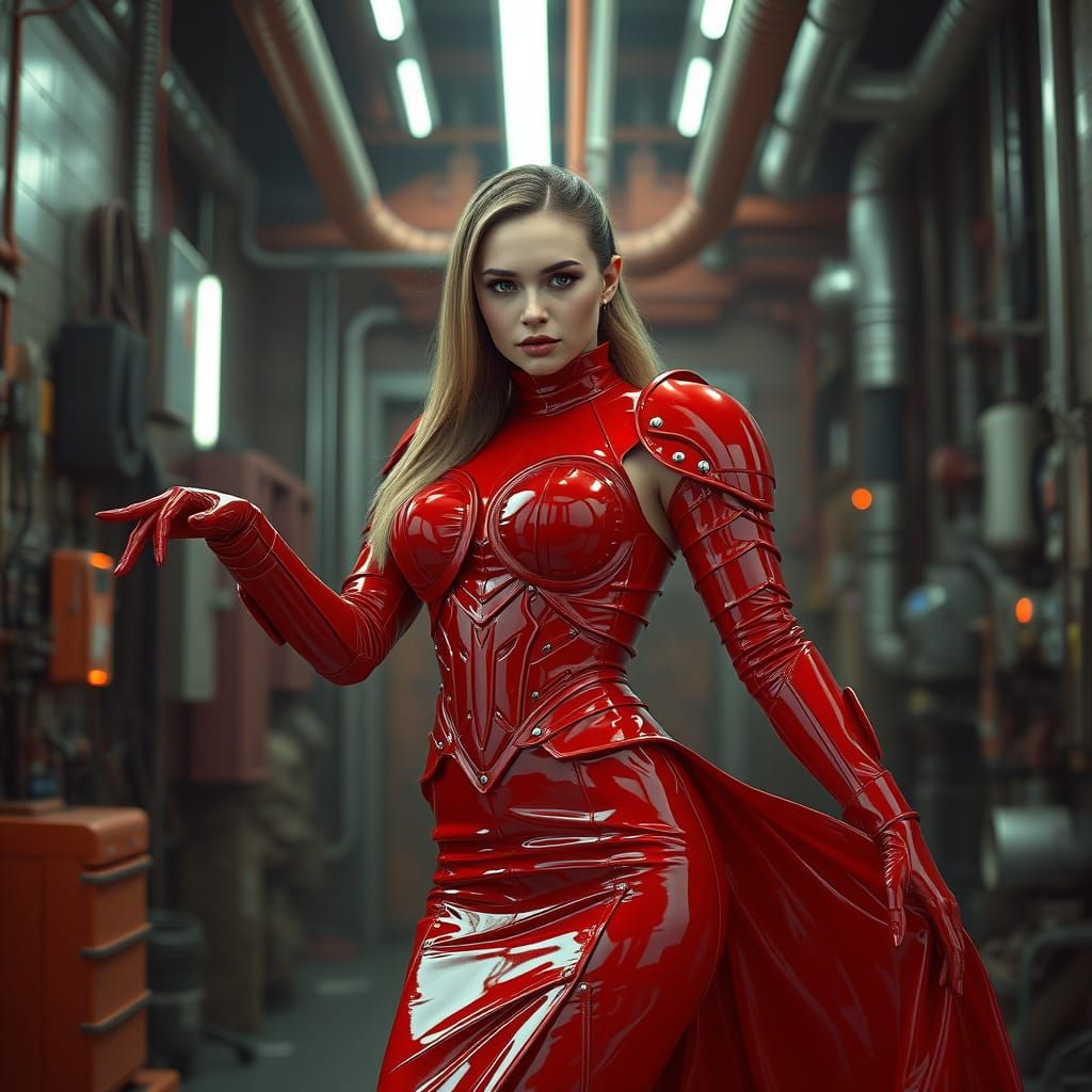 Woman in Red Latex Armor Dress