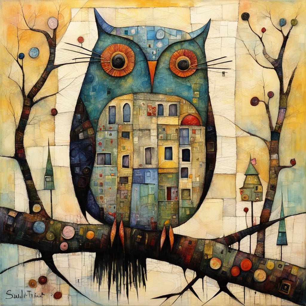 Primitive Naive Encaustic Painting with Textured Elements