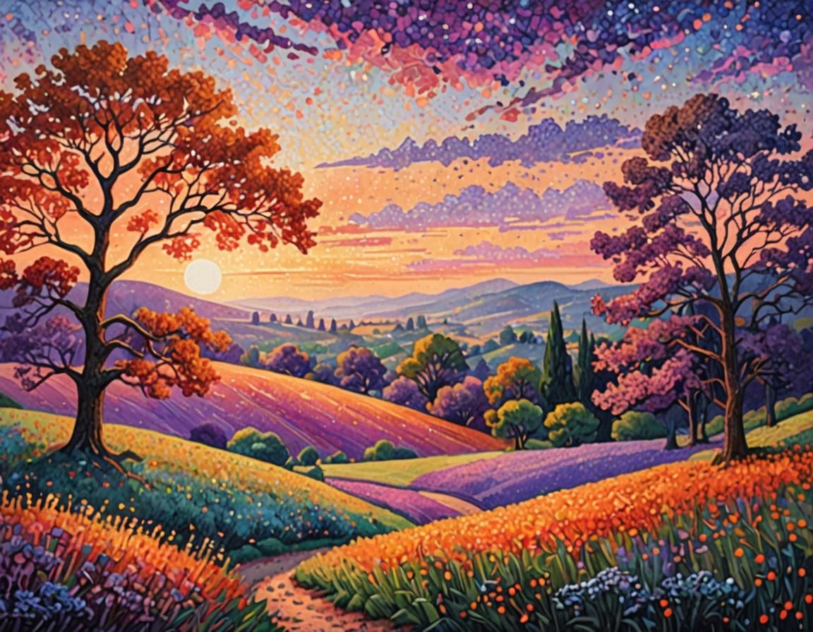 Pointillist Landscape of Rolling Hills at Sunset