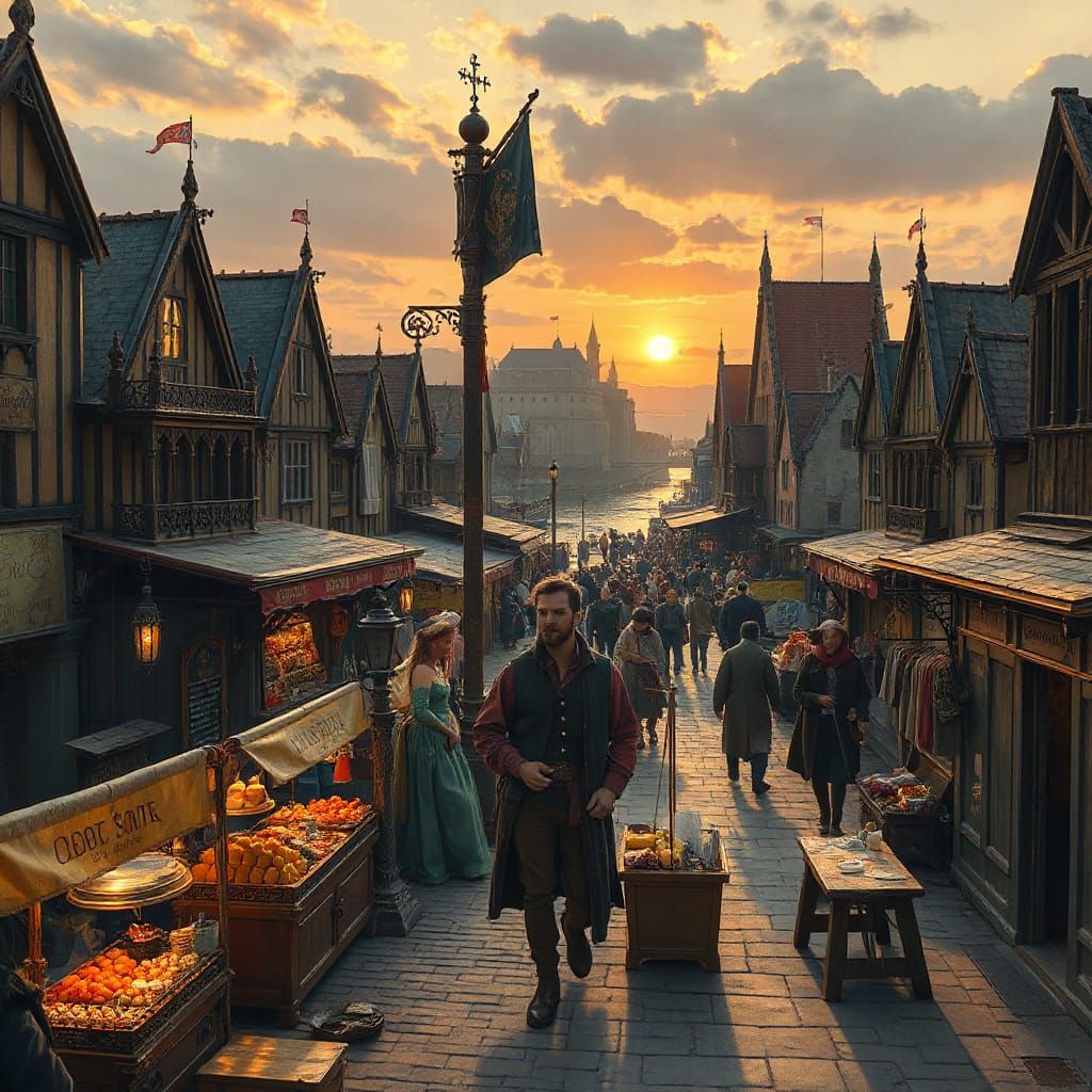 Coastal City at Sunset in Renaissance Style