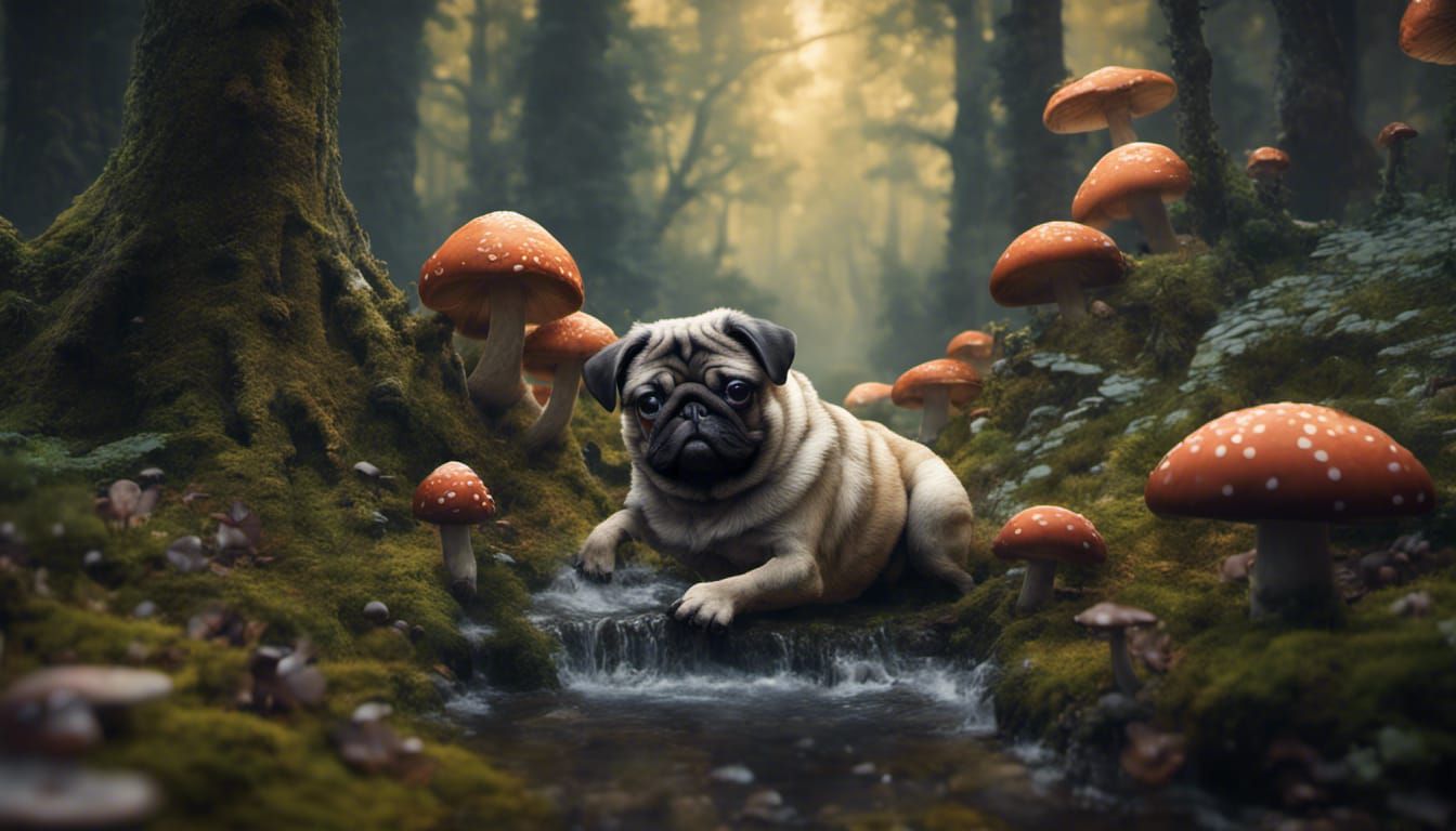 Pug in Forest Stream: Detailed Matte Painting